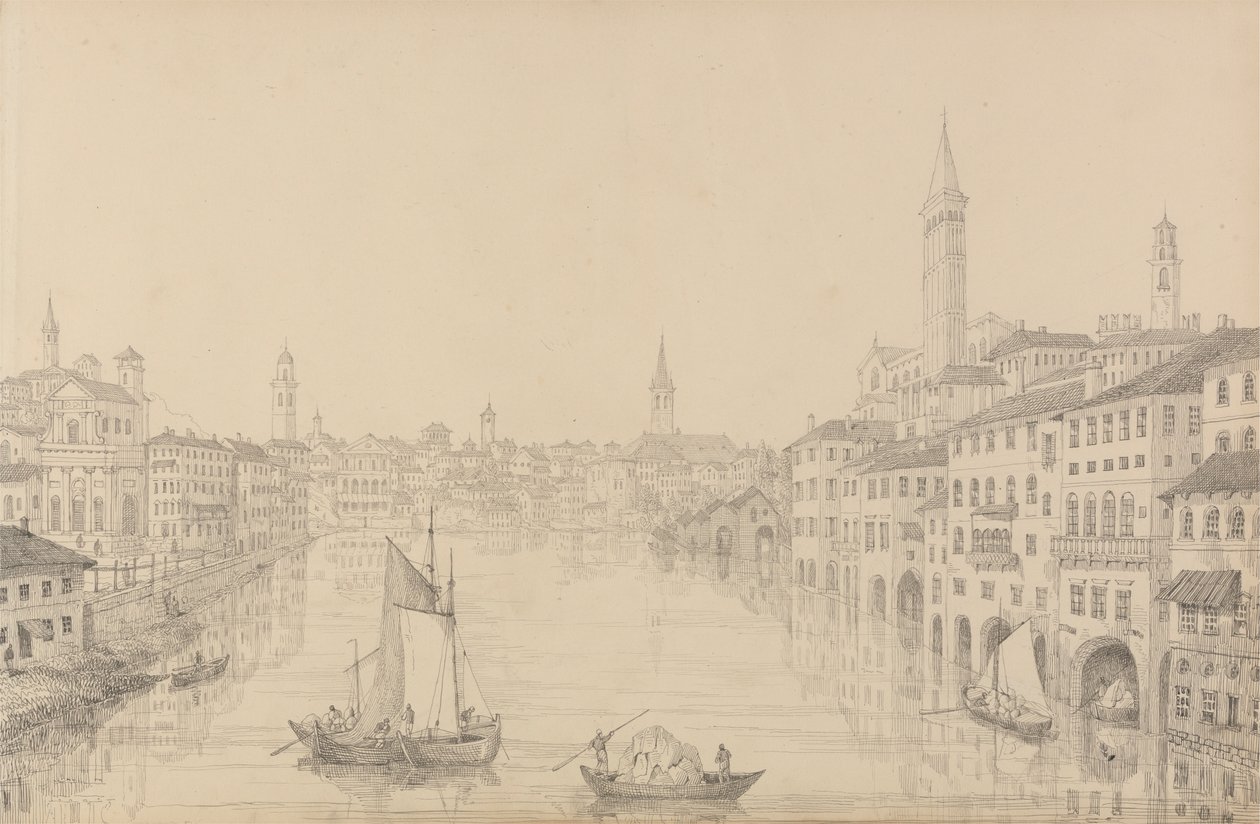 Album med 30 utsikter i Tyrol og Italia: Byen Verona fra broen, 1. november 1840 av Sir Charles D