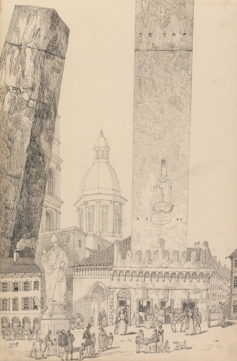 Album med 30 utsikter i Tyrol og Italia: skjeve tårn, statuen av St. Frans, Bologna 12. november 1840 av Sir Charles D