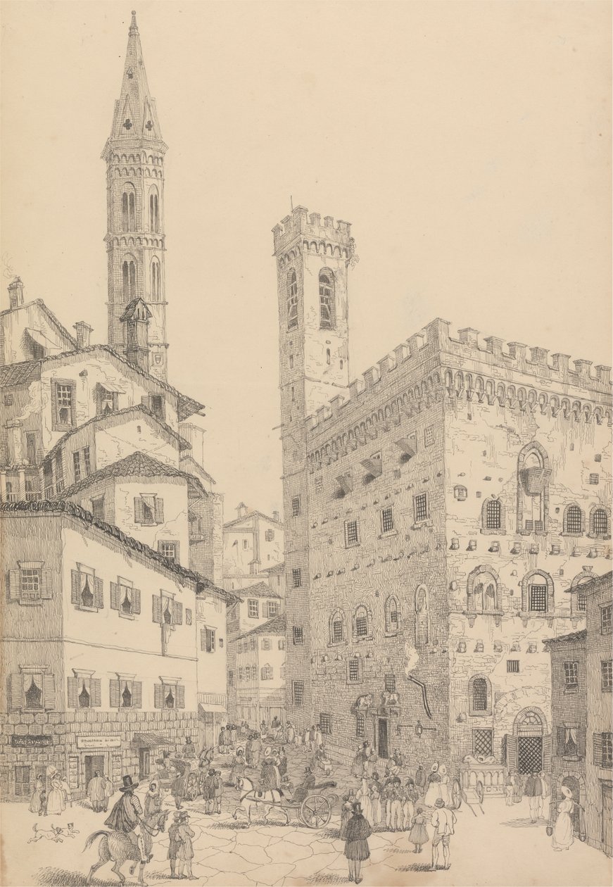 Album med 30 visninger i Tyrol og Italia: South View of the Barqello eller State Prison and Spire of the Badia 3.d mai 1842 av Sir Charles D