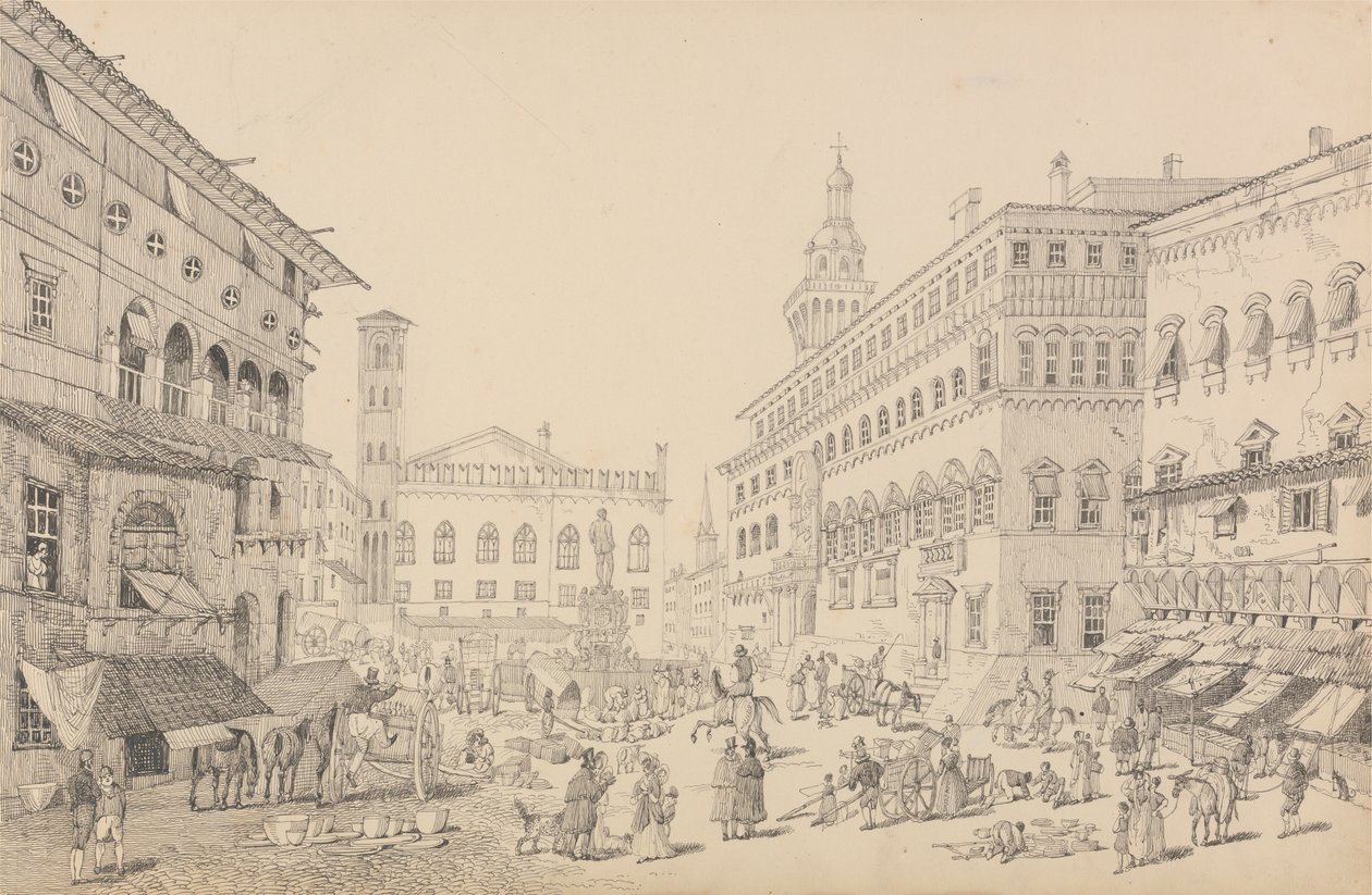 Album med 30 utsikter i Tyrol og Italia: Plassen i Bologna, katedralen og palasset til pavens legat 12. november 1840 av Sir Charles D