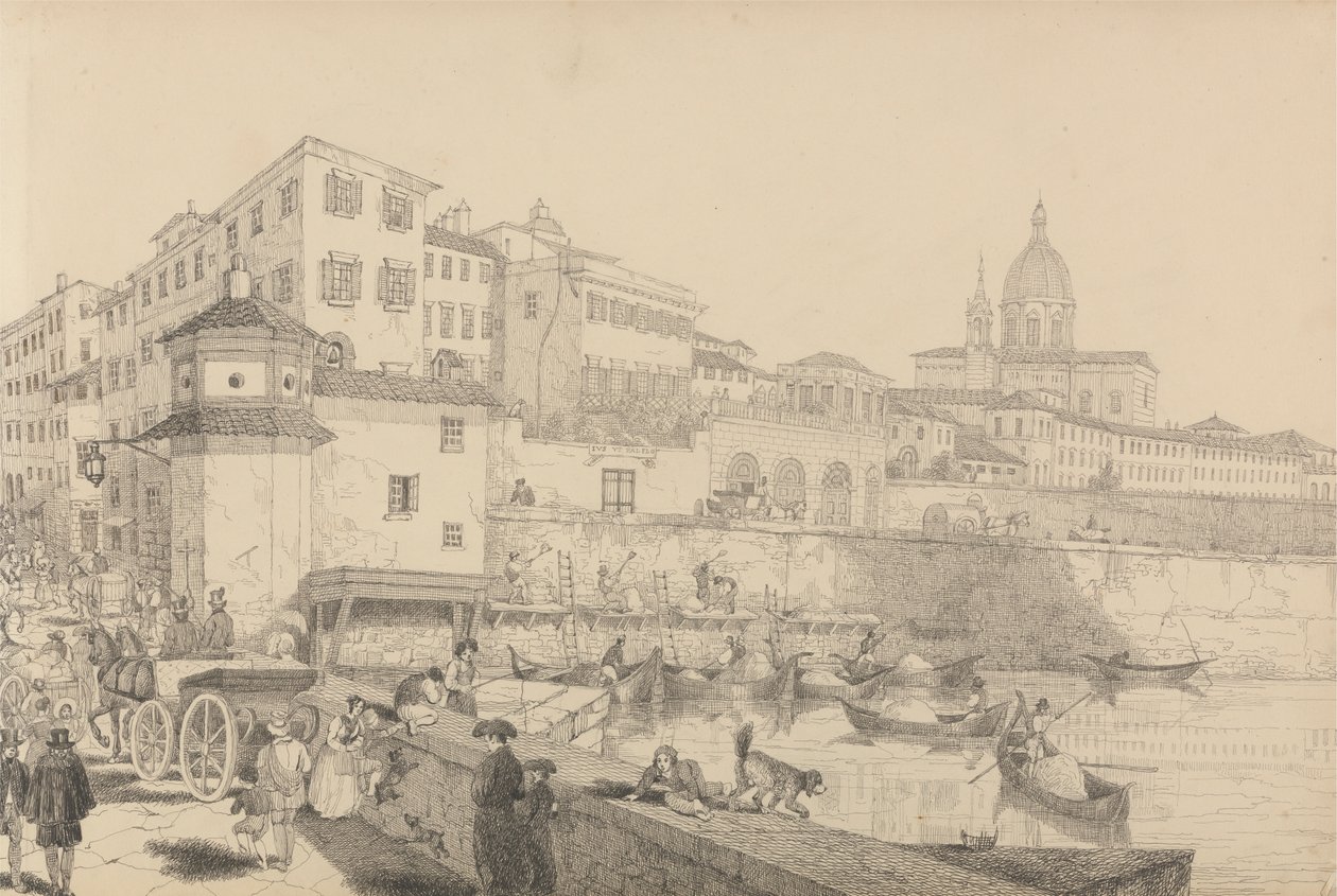 Album med 30 utsikter i Tyrol og Italia: Utsikt over Casino Pecori på lungen Arno, residens til Sir Charles D'Oyly i Firenze. 1 mai 1842 av Sir Charles D