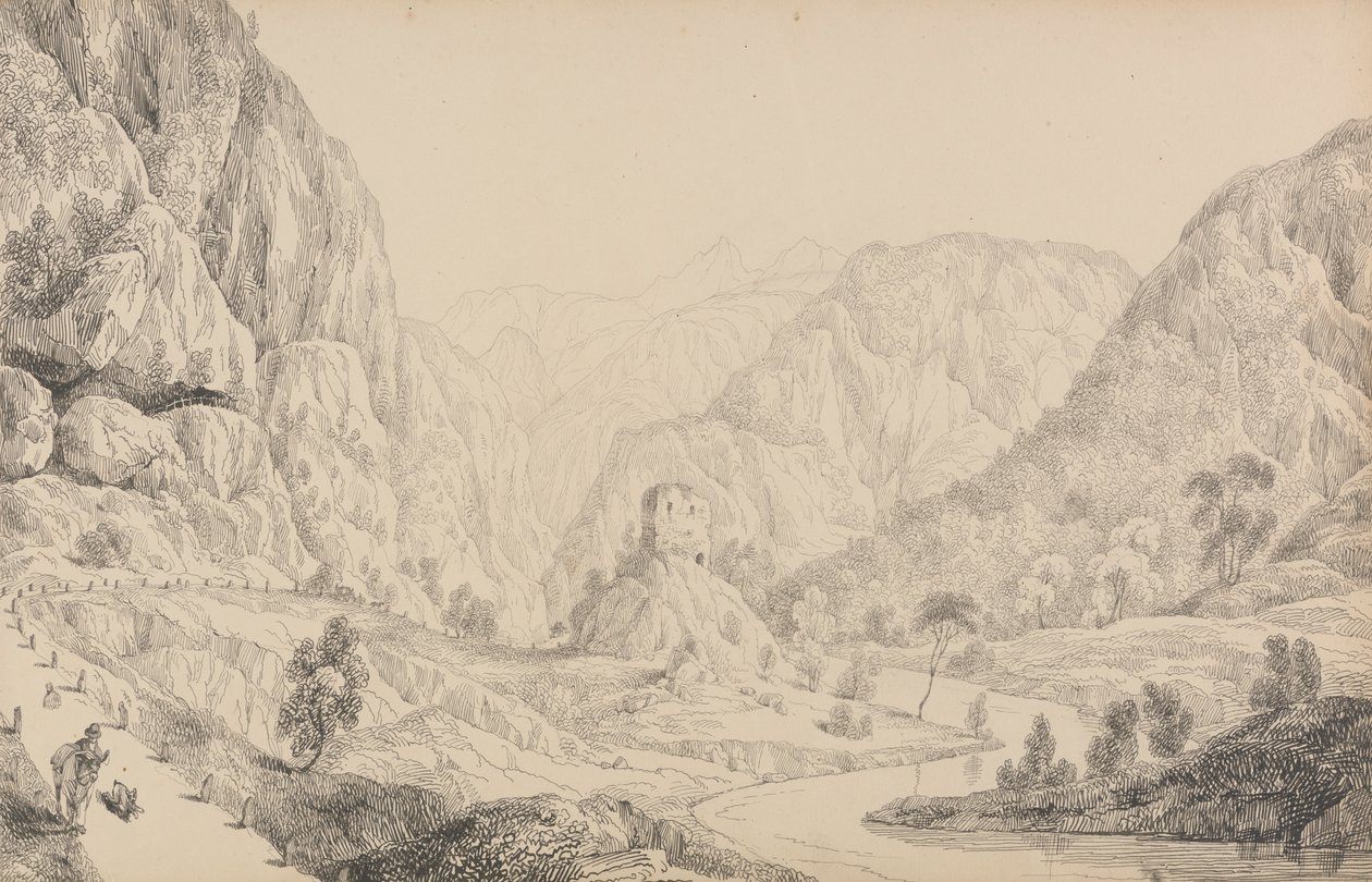 Album med 30 utsikter i Tyrol og Italia: Utsikt over Eisak nær Mittenwald, 27. oktober 1840 av Sir Charles D