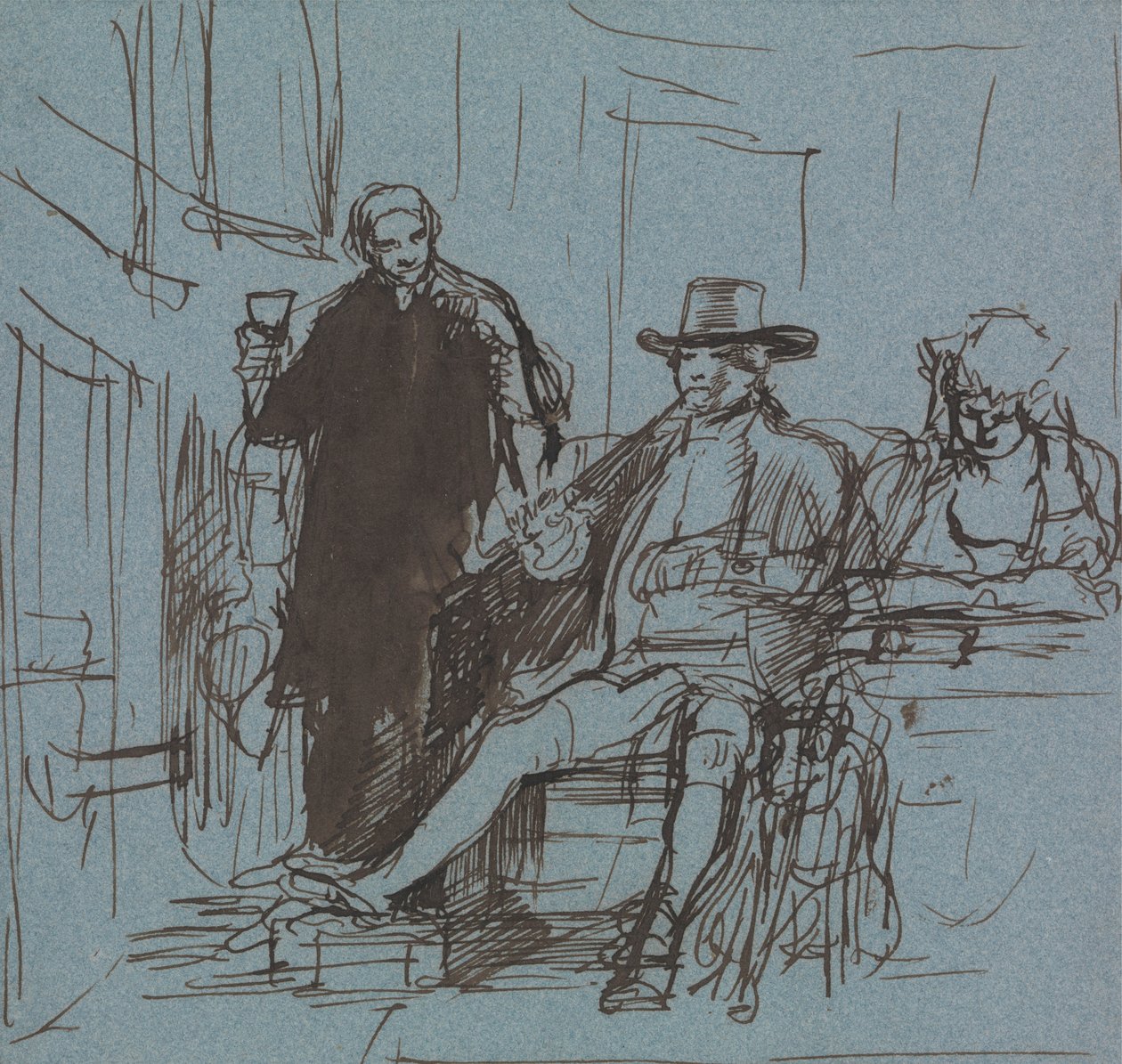 Kaptein Locker sitter ved et bord med sin datter; en butler som står ved siden av ham av Sir David Wilkie