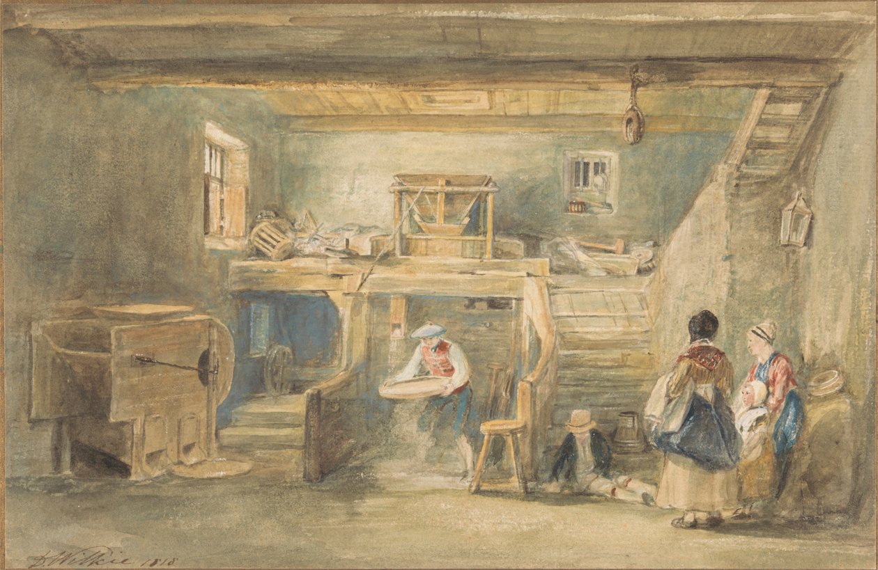 Interiøret til Pitlessie Mill med en mann som sikter mais av Sir David Wilkie