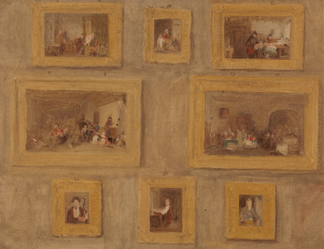 Eneste barnet; Jødens harpe; Den kuttede fingeren; Blindebukk; Leiedagen; The Scotch Piper; Prieu-Dieu; og selvportrett: en skisse av de åtte maleriene innrammet og hengende på en vegg av Sir David Wilkie