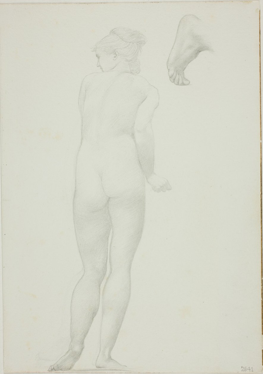 Bakside av stående naken kvinne og skisse av en fot av Sir Edward Burne Jones
