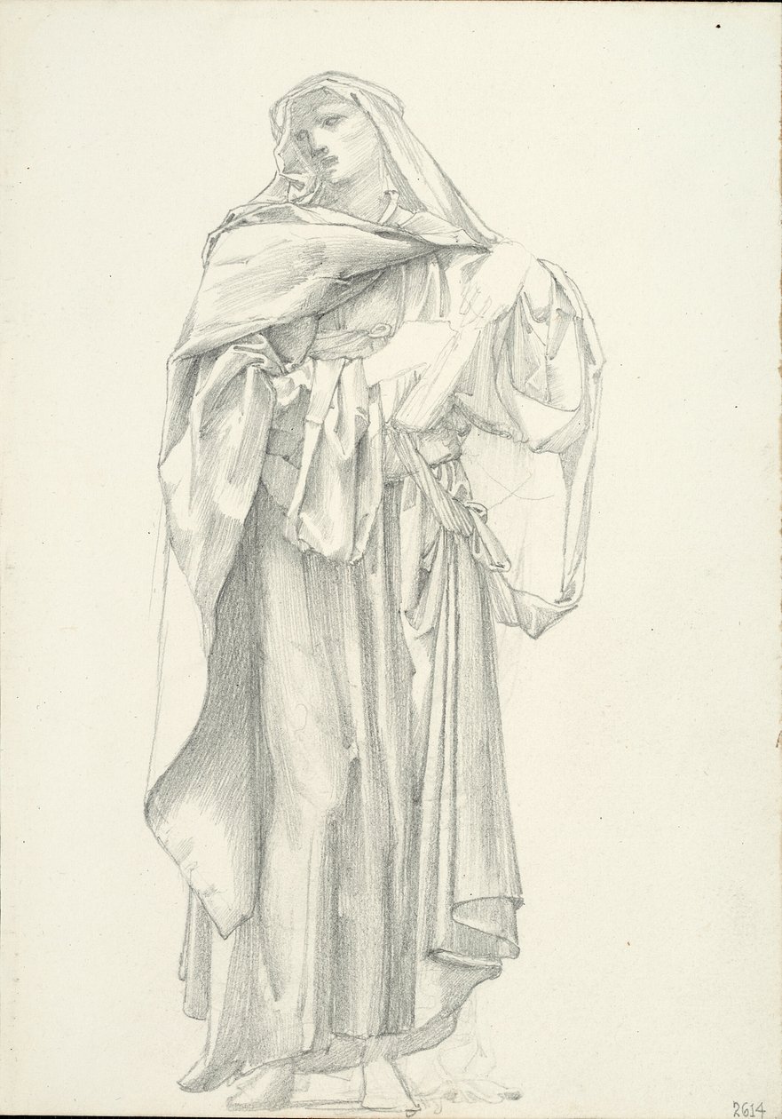 Drapert mannsfigur (skissebok #2614) av Sir Edward Burne Jones