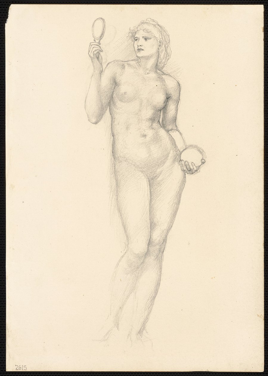 Naken kvinnefigur med speil i høyre hånd av Sir Edward Burne Jones
