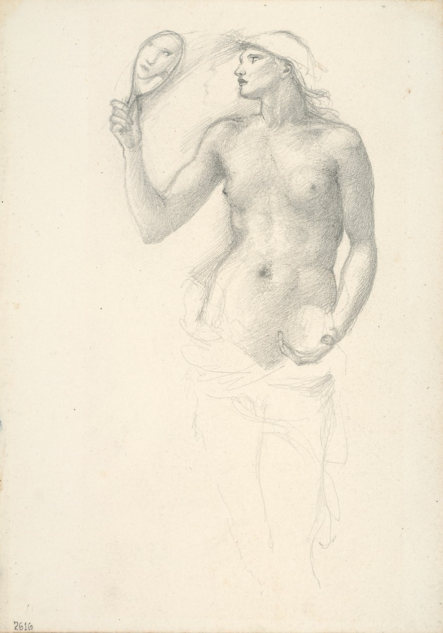 Halvnaken kvinnefigur med speil i høyre hånd av Sir Edward Burne Jones