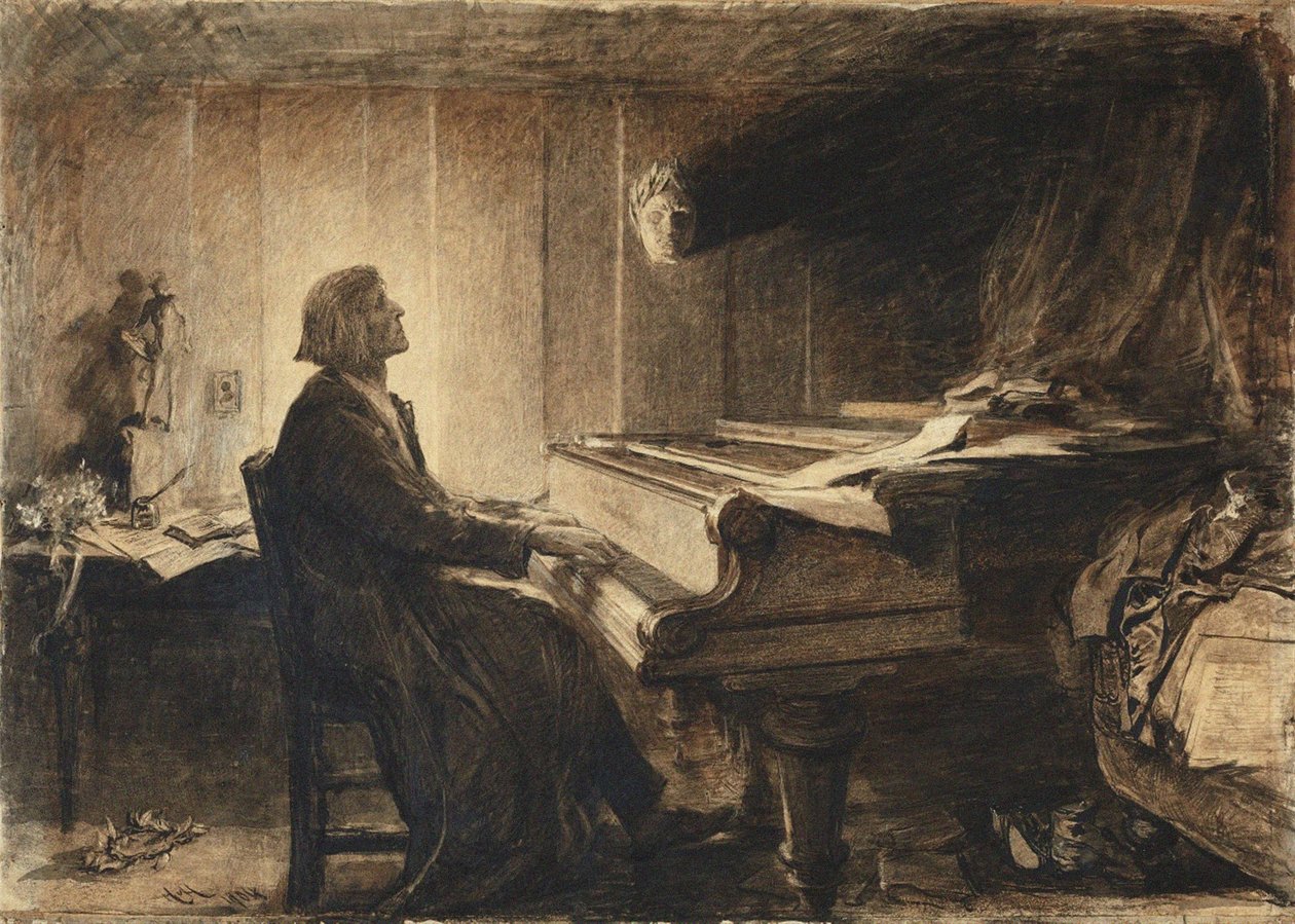 Franz Liszt ved pianoet, 1904. av Sir Hubert von Herkomer