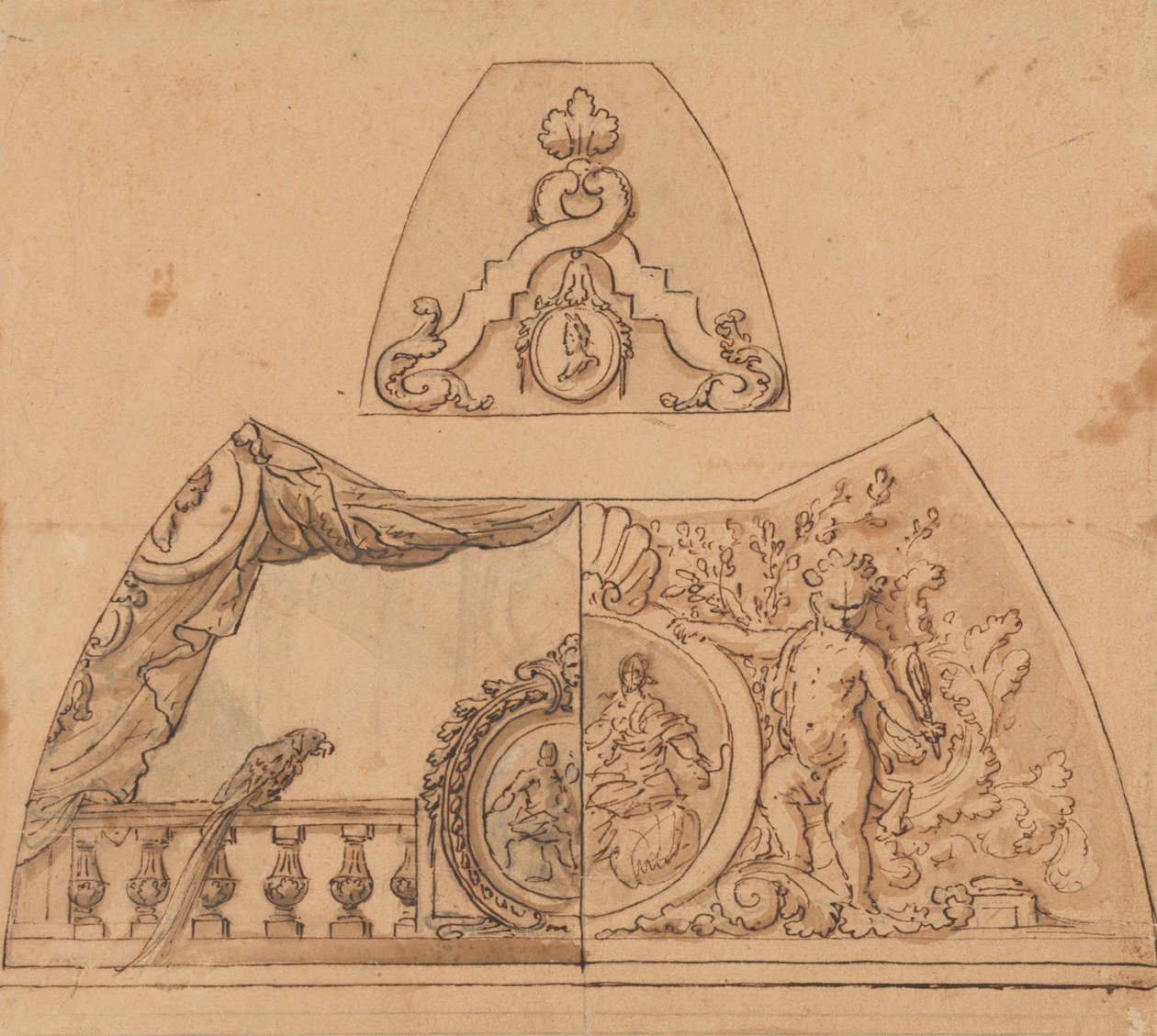 Design for en takdekorasjon (med en papegøye) av Sir James Thornhill