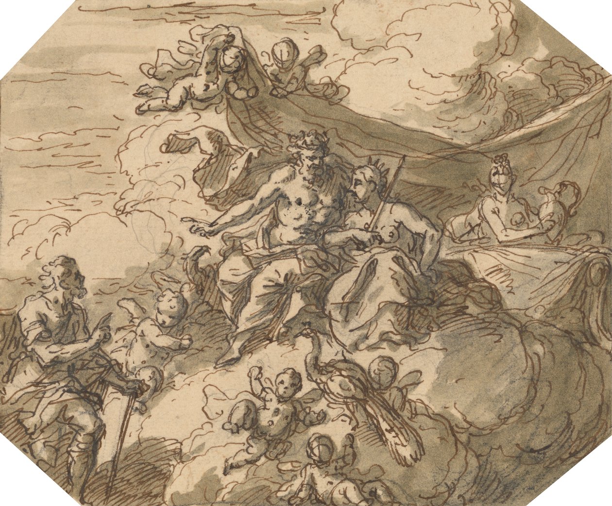 Design for en mytologisk scene, med Jupiter og Juno av Sir James Thornhill