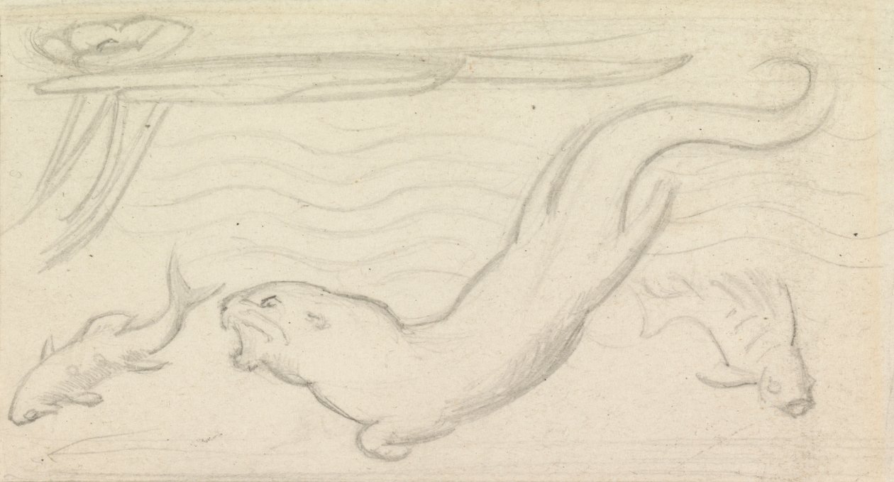 Glassmaleri, en oter og to fisker av Sir John Everett Millais