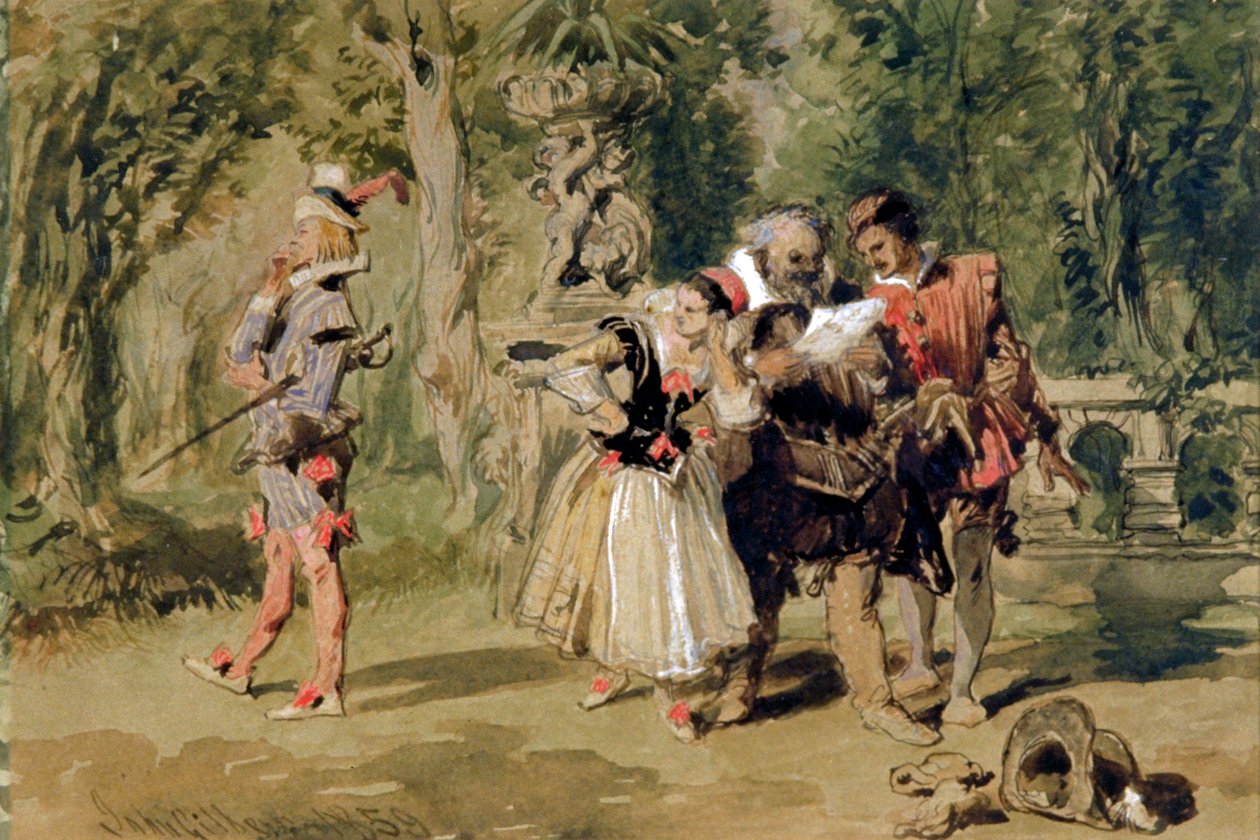 'Sir Andrew Aguecheek skriver en utfordring', 1859. av Sir John Gilbert