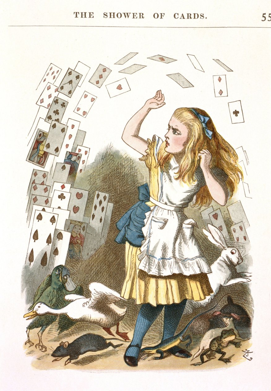 Dusjen av kort. Illustrasjon for Alice i Eventyrland av L. Carroll, 1890 av Sir John Tenniel
