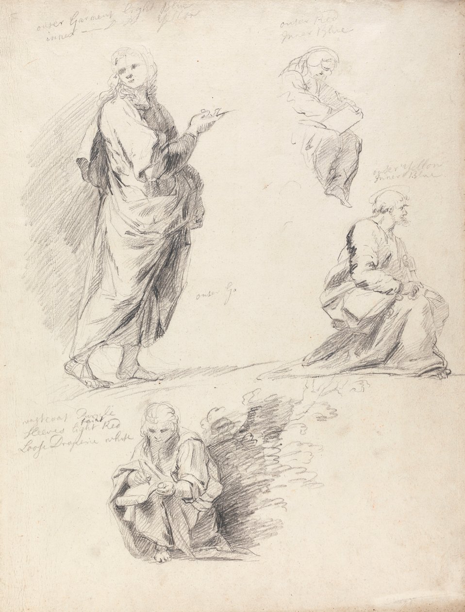 Ark med figurstudier fra Rafaels disputas (med separat ark med inskripsjon) av Sir Joshua Reynolds