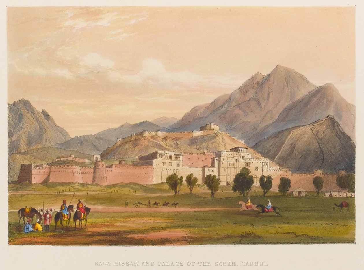 Bala Hissar og Palace of the Schah, Caubul (farget litografi) av Sir Keith A. Jackson