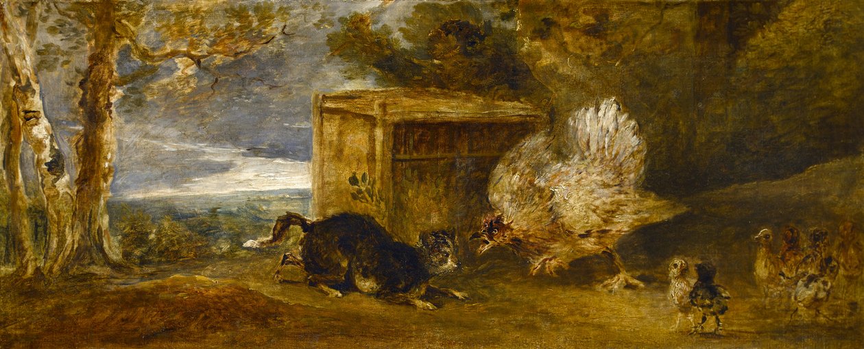 En høne som forsvarer kyllingene sine fra angrepet av en katt av Sir Peter Francis Bourgeois