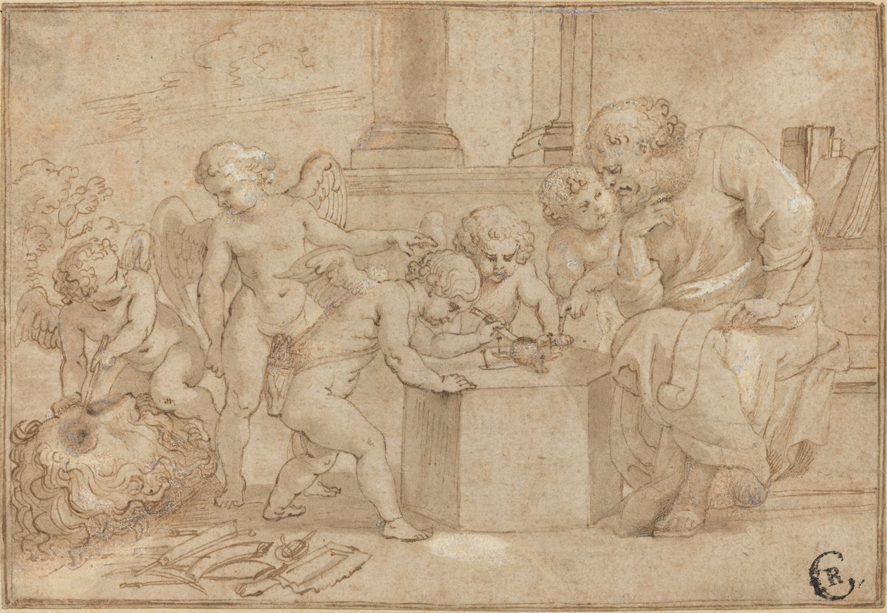 Eldre mann ser på Putti dissekere et øye av Sir Peter Paul Rubens