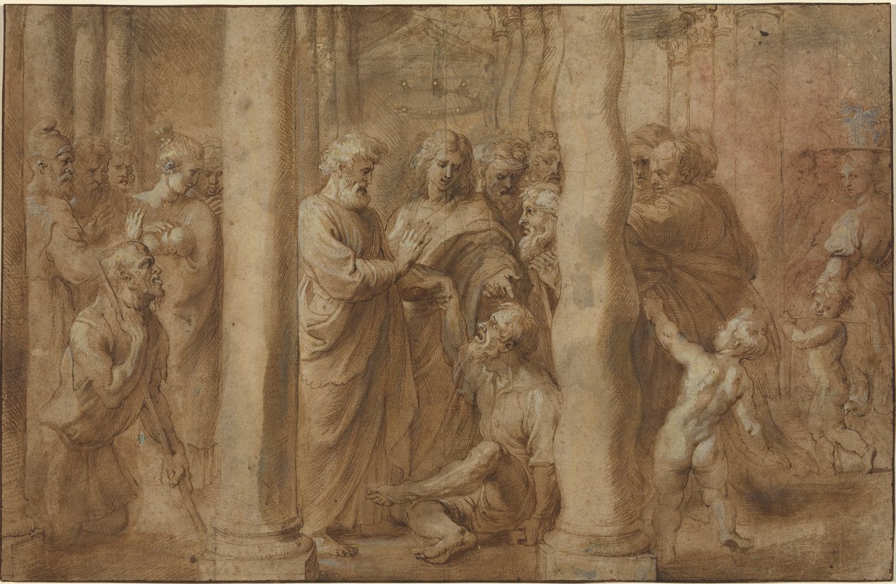 Mirakelet til den lamme mannen helbredet av Saint Peter og Saint John av Sir Peter Paul Rubens over Anonymous Italian after Parmigianino after Raphael