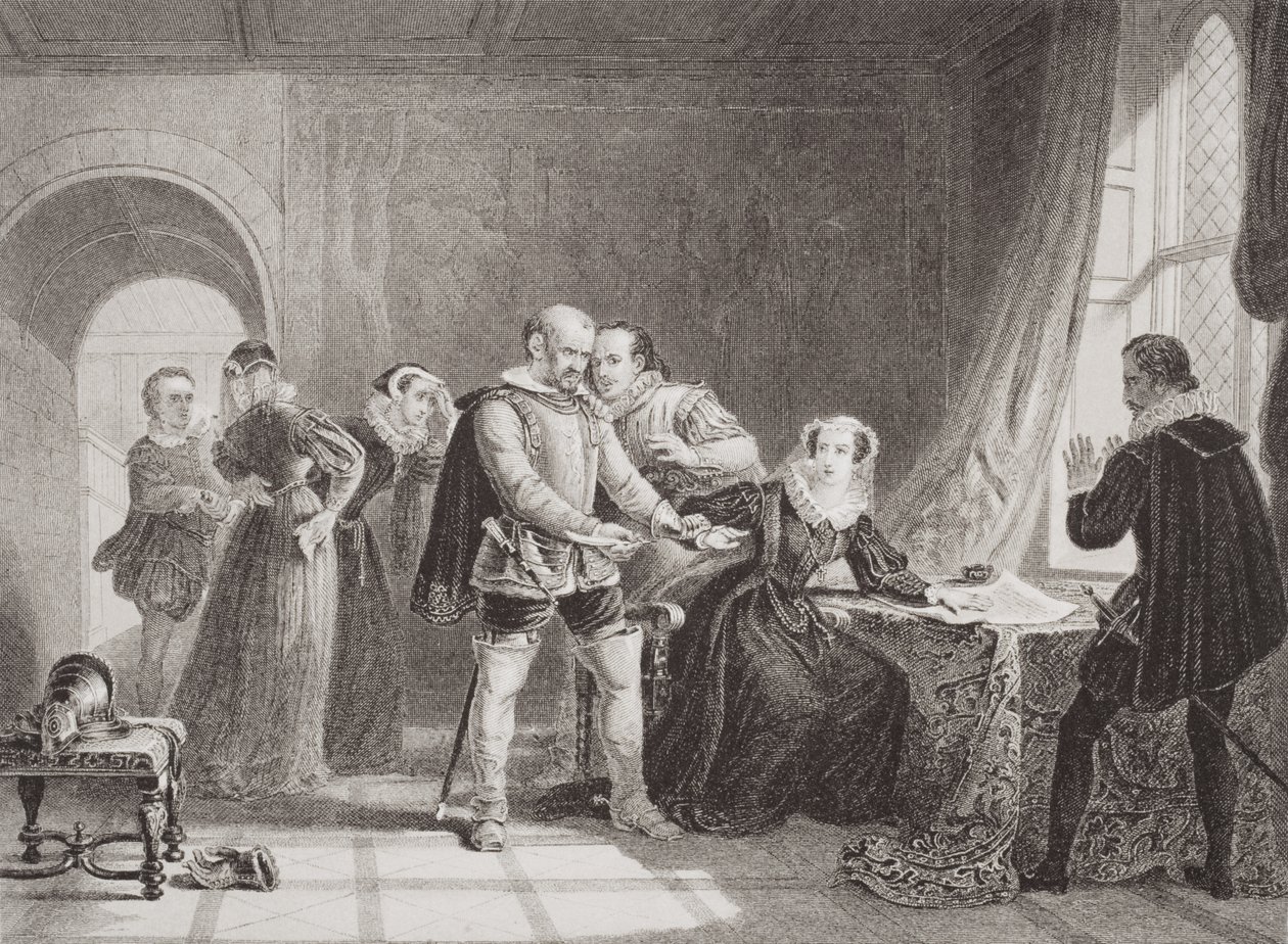 Mary Queen of Scots (1542-87) tvunget til å signere sin abdikasjon i Lochleven Castle i 1567, fra 
