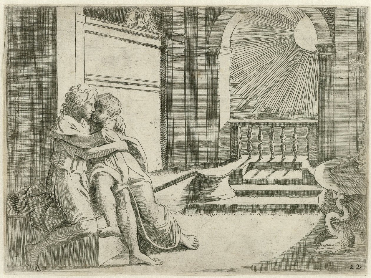 Abimelech ser Isaak Rebekka liefkozen Bijbelse scener (serietittel) Historia del Testamento Vecchio / Malt i Roma i Vatikanet av Raffaelle di Urbin (...) (serietittel) av Sisto Badalocchio