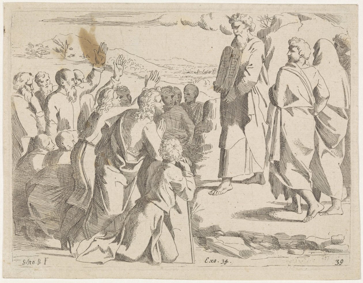 Moses viser lovens tabeller til folket Bibelske scener (serietittel) Historia del Testamento Vecchio / Dipinta in Roma nel Vaticano da Raffaelle di Urbino (...) (serietittel) av Sisto Badalocchio