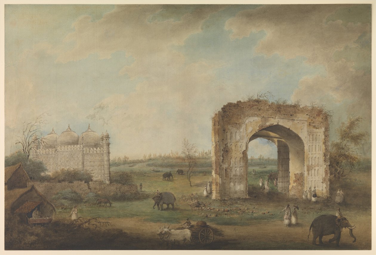 Utsikt over en moske og port ved Motijhil, ca. 1814–23 (ugjennomsiktig akvarell på papir) av Sita Ram (attr. to)