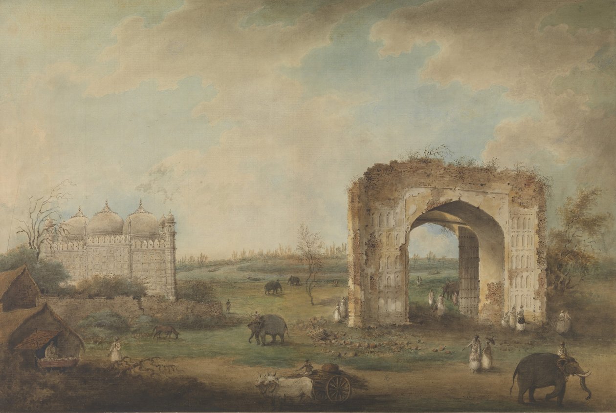 Utsikt over en moske og port ved Motijhil, ca. 1814-23. av Sita Ram.