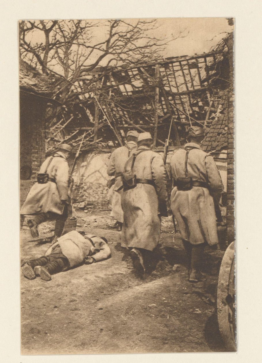 Slaget ved Arras (9. mai til juni) var ekstremt blodig for tyskerne. (...) Her er en episode av fangsten av Neuville (...) (tittel på objekt) 12 cartes postales illustrées de la Grande Guerre / Pochette No 2 (serietittel på objektet av Sémaphore
