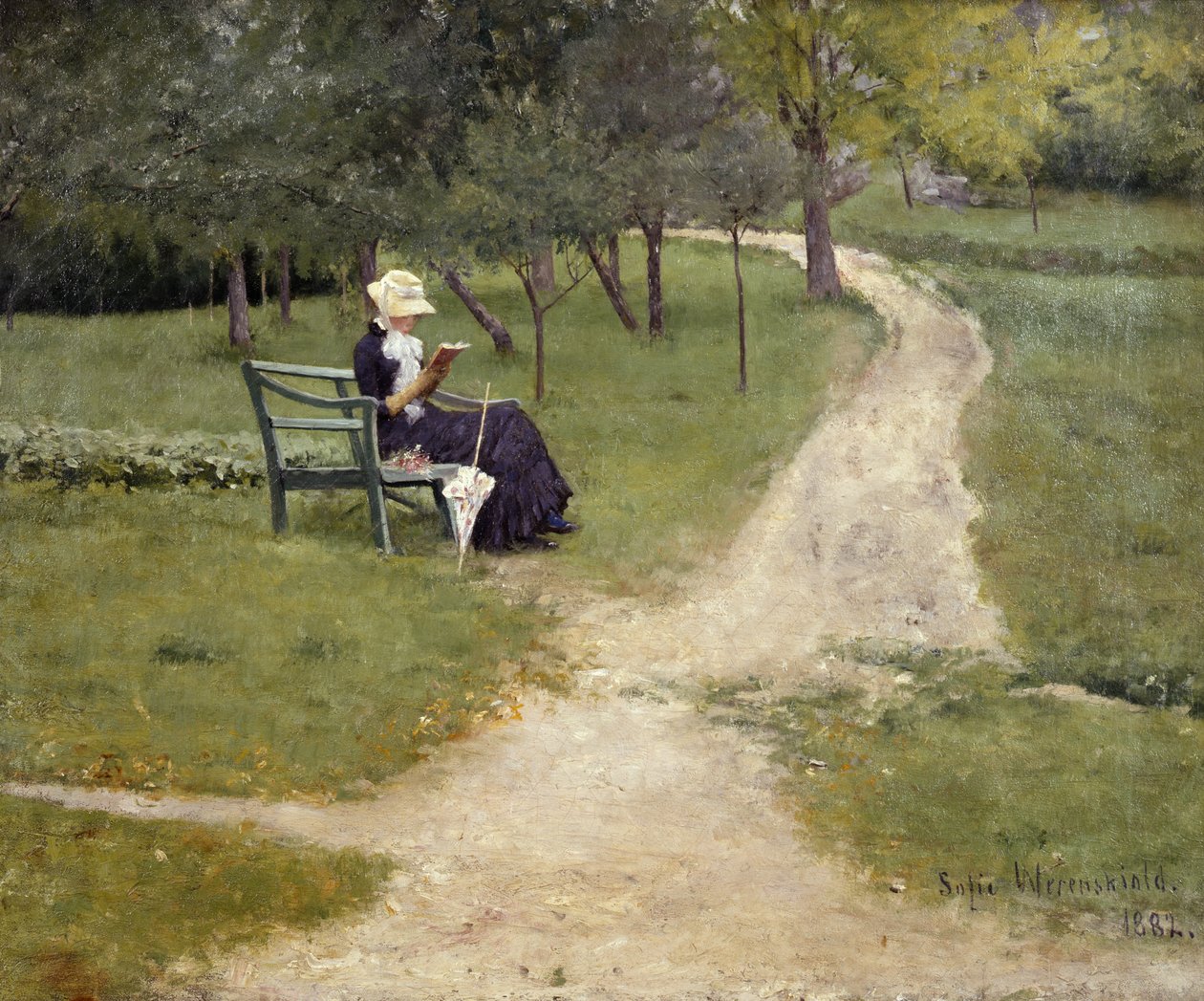 Kvinne som leser på en benk (olje på lerret) av Sofie Thomesen Werenskiold