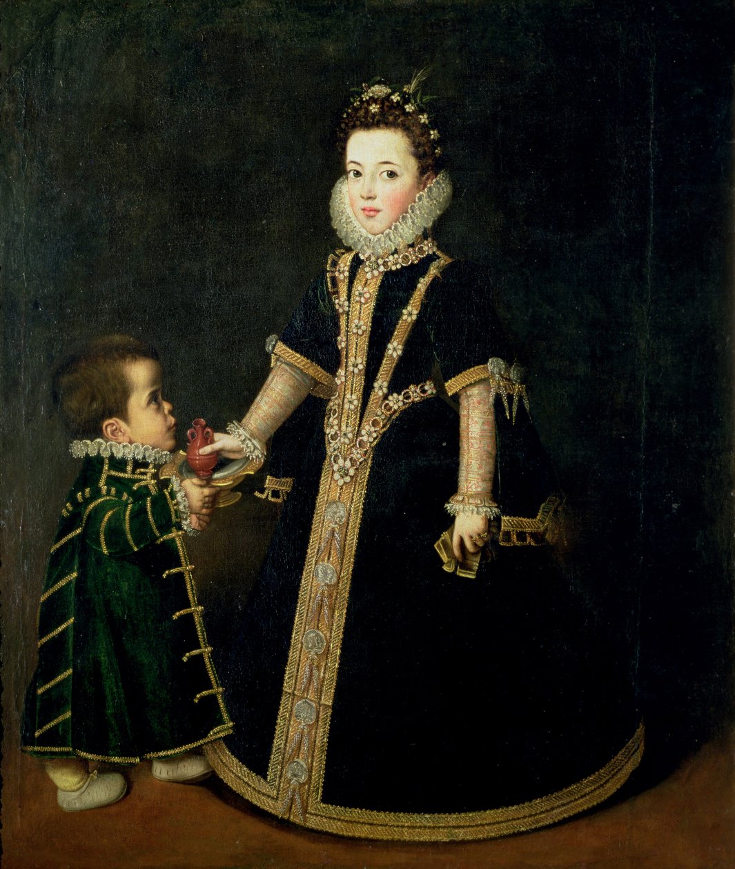 Jente med en dverg, antatt å være et portrett av Margarita av Savoy, datter av hertugen og hertuginnen av Savoy, ca. 1595 av Sofonisba Anguissola