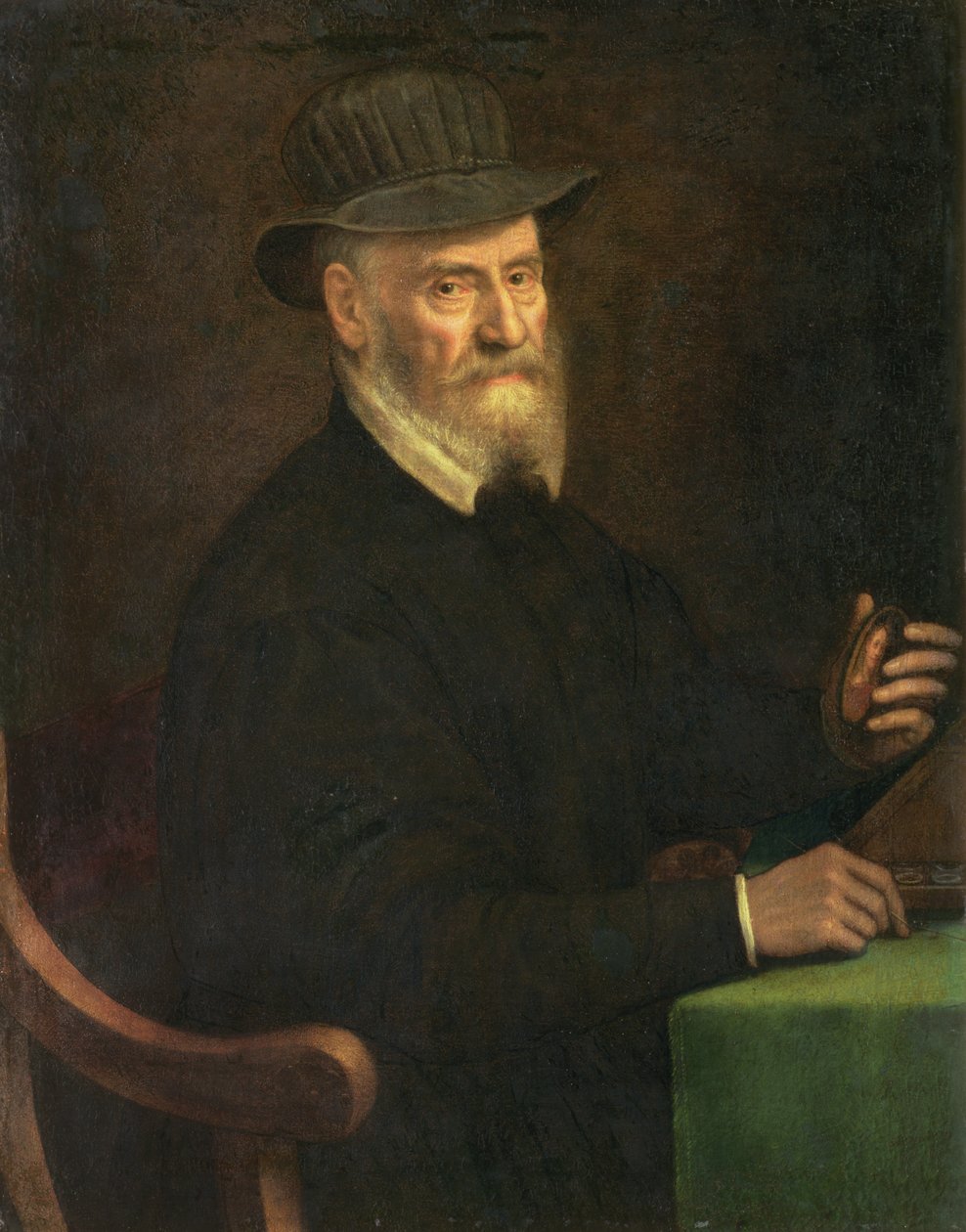 Portrett av Giulio Clovio (1498-1578), miniatyrkunstner, med en miniatyr som antas å være av kunstneren Lavinia Teerlinks (fl.1545-70), 1556 av Sofonisba Anguissola