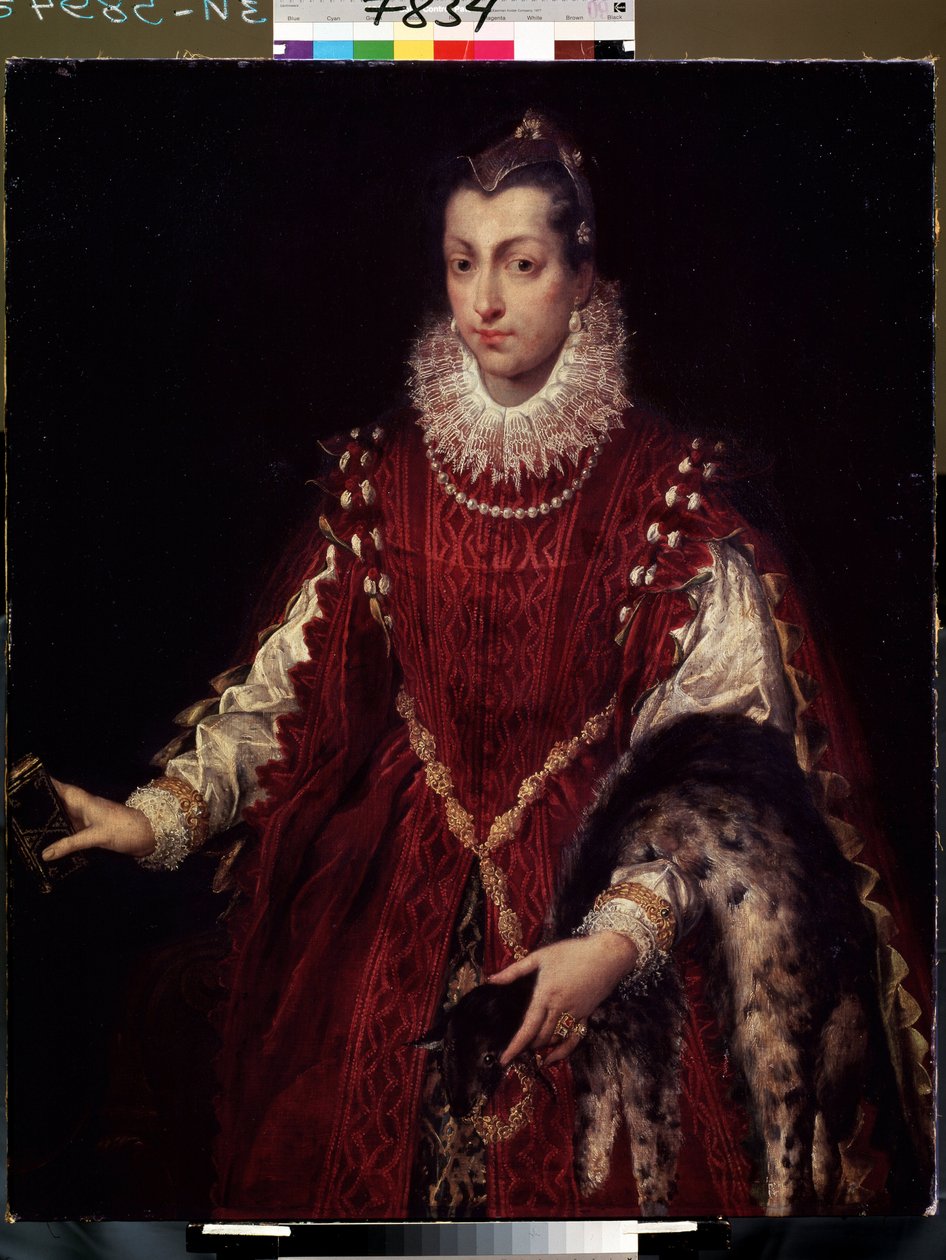 ""Portrett av en patrisier, medlem av en velstående familie i middelalderens Italia"" (Portrett av en patrisier) Rikt kledd ung kvinne, pels på armen, blondekrage og fløyelskjole. Maleri av Sofonisba Anguissola (1532-1625) 1558 Lviv, Museum of av Sofonisba Anguissola