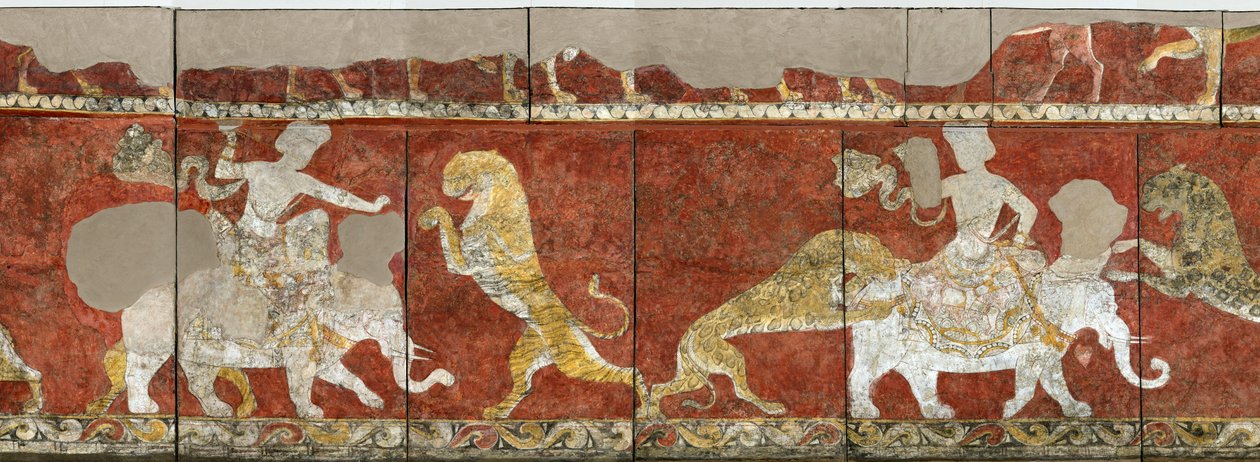 Sogdia - Sogdiana- Sogdian Art: Veggmaleri fra den røde hallen til palasset i Varakhsha. Fragment. Fresco, 7.-8. århundre, State Hermitage, St. Petersburg av Sogdian Sogdian
