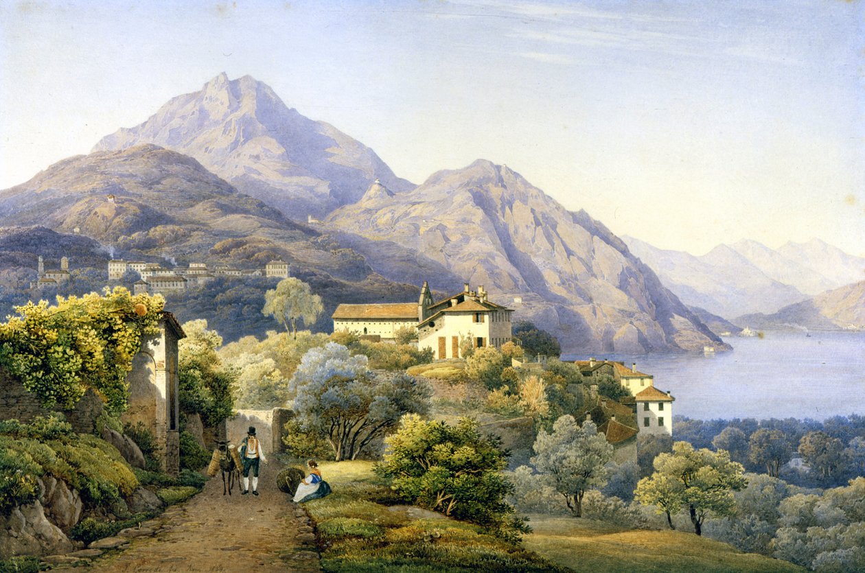 Como. Menaggio. Loveno og Mount Groma. 1840. Maleri av S. Corrodi. Menaggio, Como. . av Solomon Corrodi
