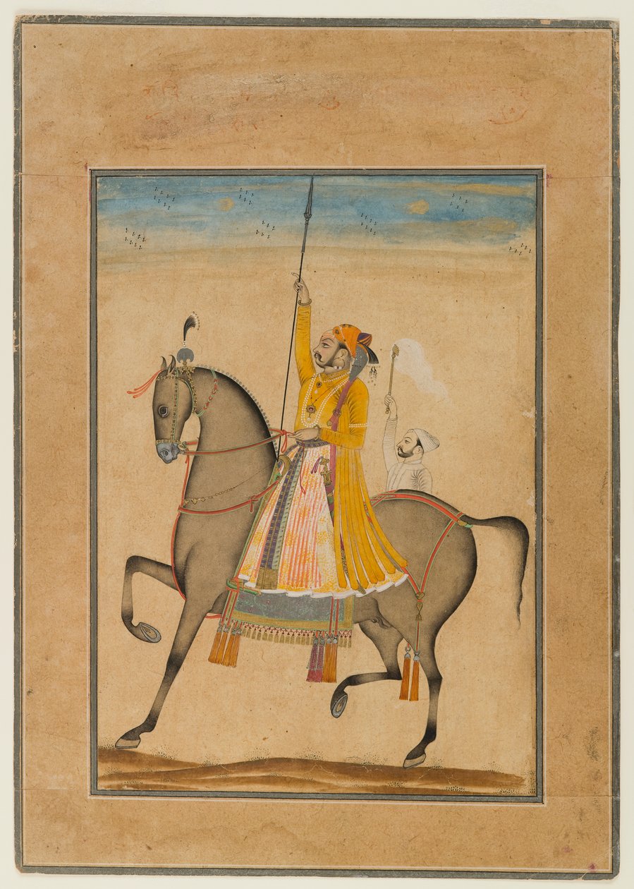 Ridesportrett av Maharaja Sujan Singh fra Bikaner, 1747 (ugjennomsiktig wc, sølv og gull på papir) av Son of Muhammad attr. to Kasam