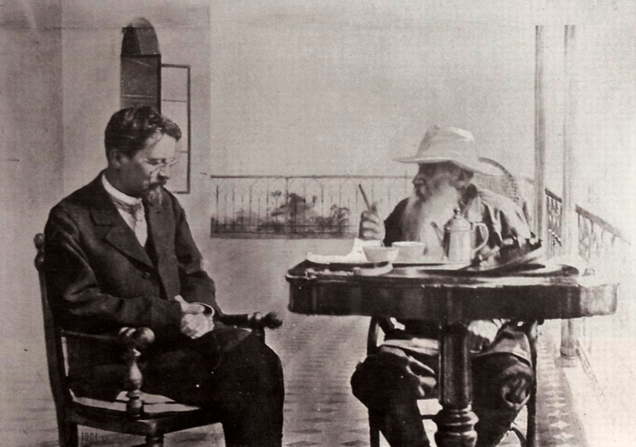 Leo Tolstoj og Anton Tsjekhov, russiske forfattere, 1902 av Sophia Andreevna Tolstaya