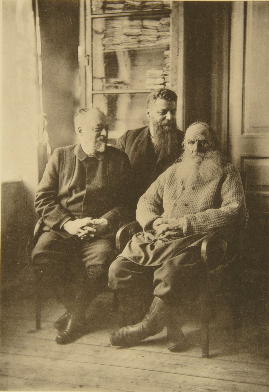 Den russiske forfatteren Leo Tolstoj med politikeren Mikhail Stakhovich og Mikhail Sukhotin, Russland, 1900-tallet av Sophia Andreevna Tolstaya