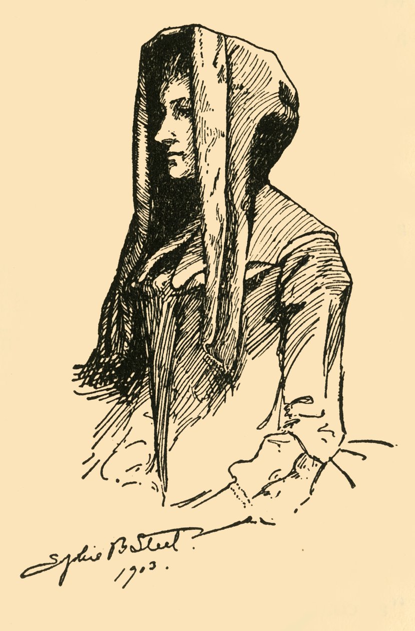 En Camlet Hood, hentet fra et originalt plagg, c1702, 1903, 1937. av Sophie B. Steel