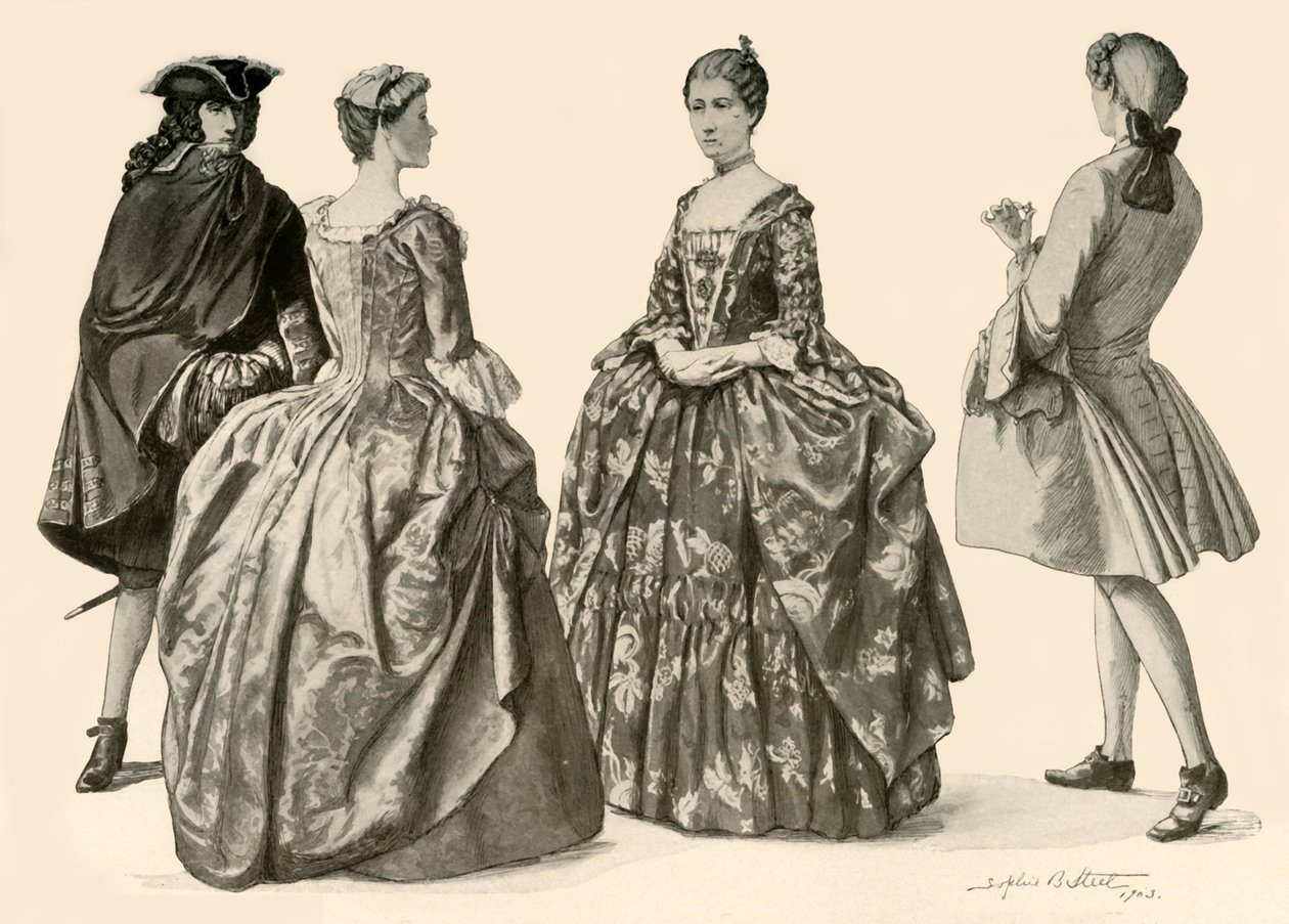 Klær under regjeringene til dronning Anne og George I, 1702-1725, 1903, 1937. av Sophie B. Steel
