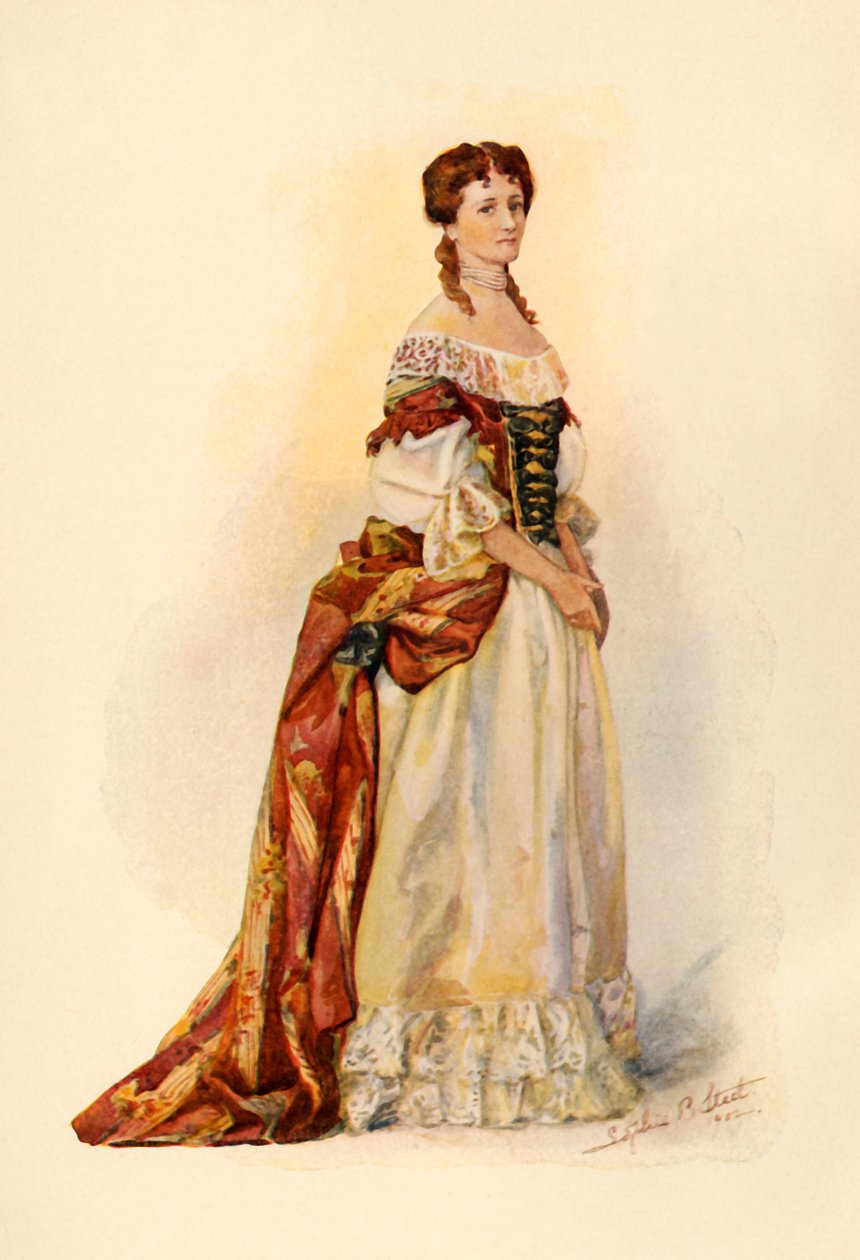 Kjole av rød brokade båret i Barbados-kolonien c1685, 1903, 1937. av Sophie B. Steel