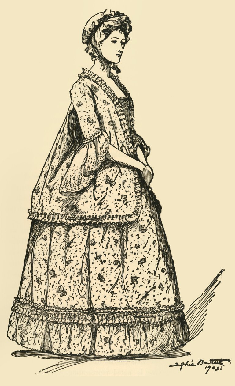 Bilde av en kort Watteau-sekk båret over en underkjole, c1750-1800, 1903, 1937. av Sophie B. Steel