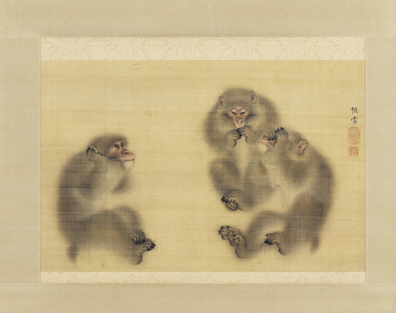 Monkeys: Hear No Evil, See No Evil, Speak No Evil, ca. 1820 (blekk og farge på silke) av Sosetsu Mori
