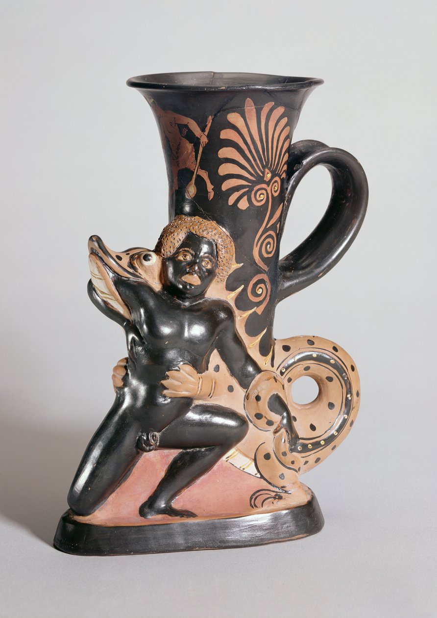 Hornformet Rhyton med rød figur som viser en krokodille som angriper en nubisk, gresk, ca. 350 f.Kr. (leire) av Sotades