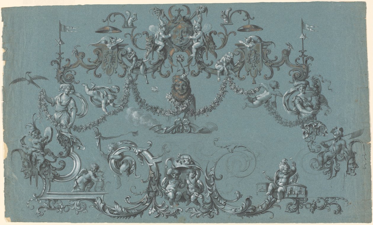 Arabesques med frolicking Putti, dyr og narrer av South German 18th Century