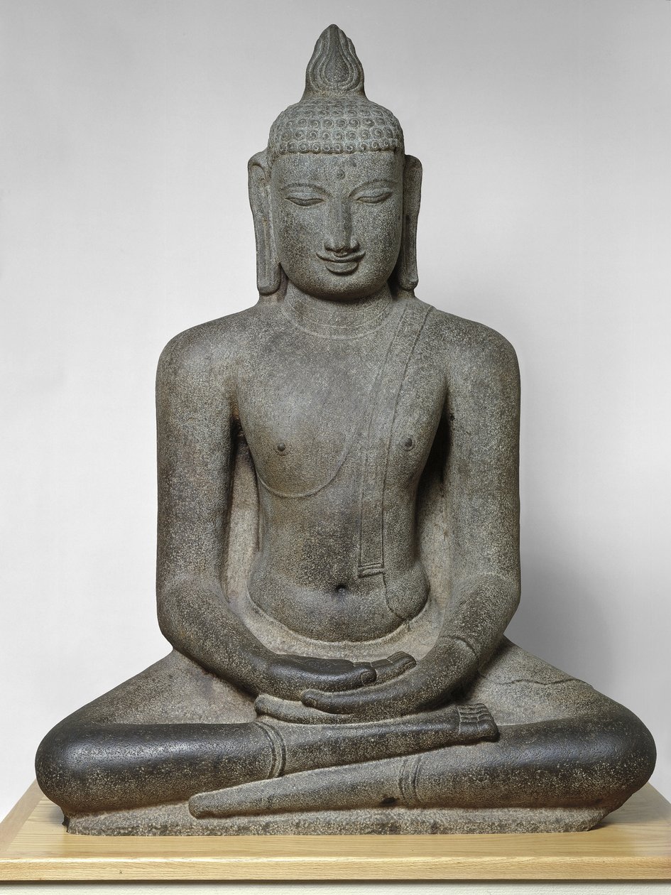 Buddha Shakyamuni sittende i meditasjon (Dhyanamudra), Chola-periode, ca. 1100-tallet (granitt) av South Indian School
