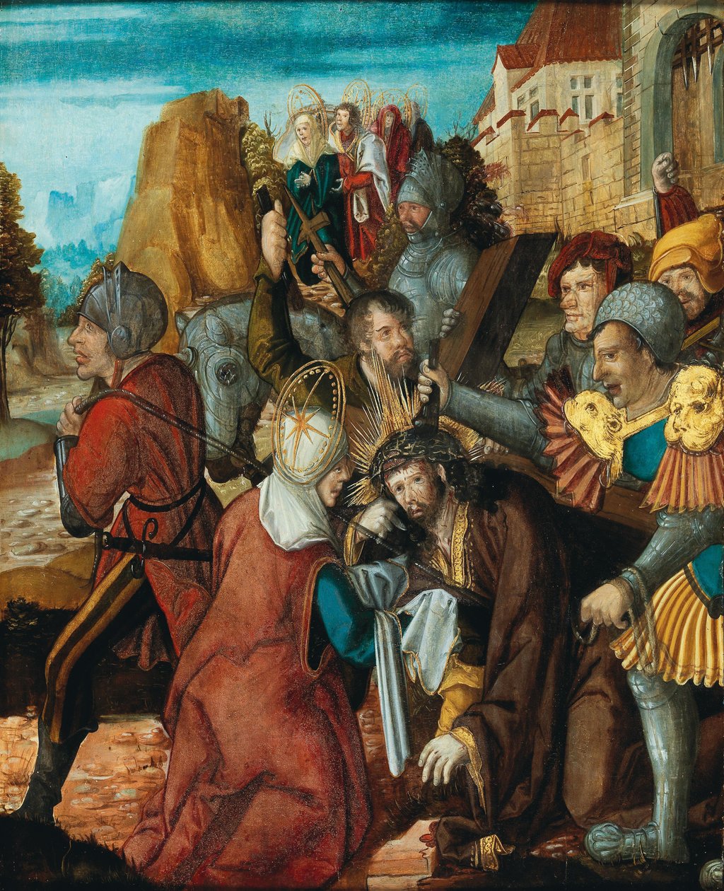 Saint Veronica presenterer sitt slør for Kristus på vei til Golgata, ca 1515-1520. av Southwest German master.