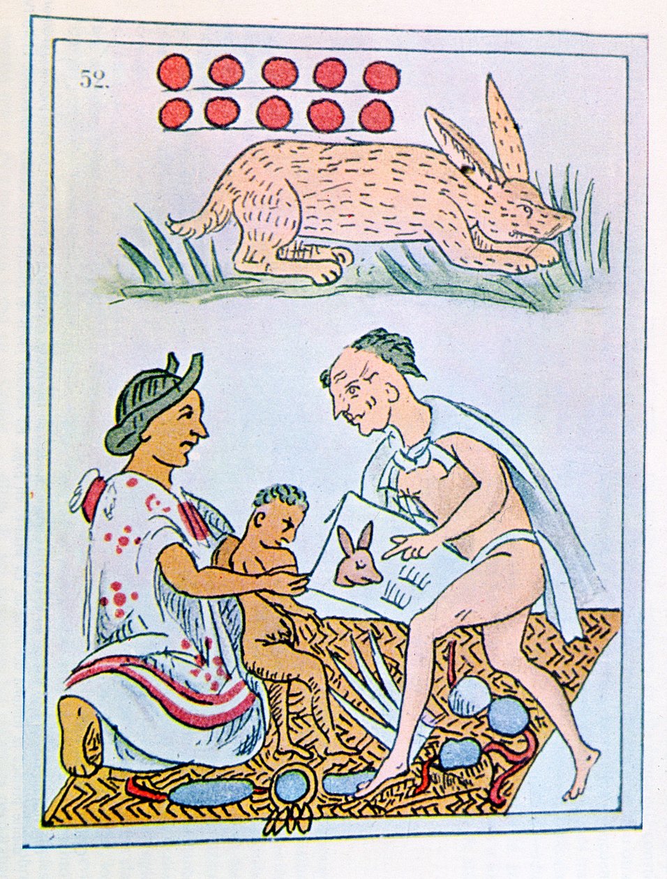 Faksimile av en side av en historisk florentinsk kodeks som viser en mor som lytter til spådommer om sønnen hennes, født på 10 Rabbit (fargelitografi) av Spanish Colonial