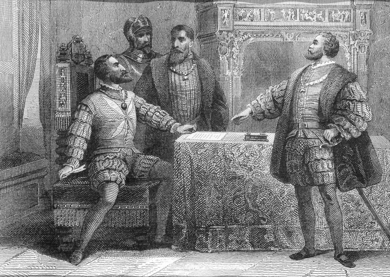 Carlos V av Spania (1500-58) og Francois I av Frankrike (1494-1547) undertegner Madrid-traktaten, 14. januar 1526 av Spanish School